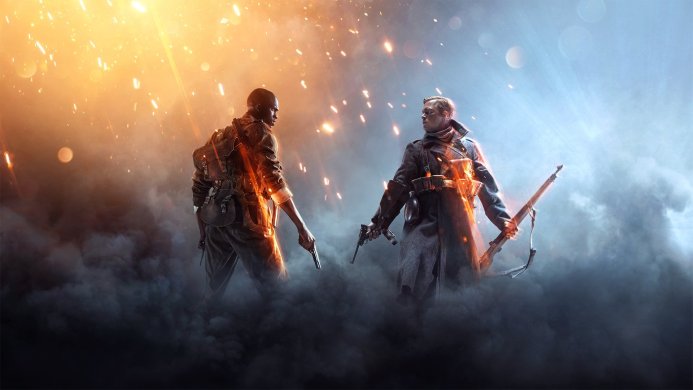 Two soldiers face off with rifles and pistols in a scene from Battlefield 1