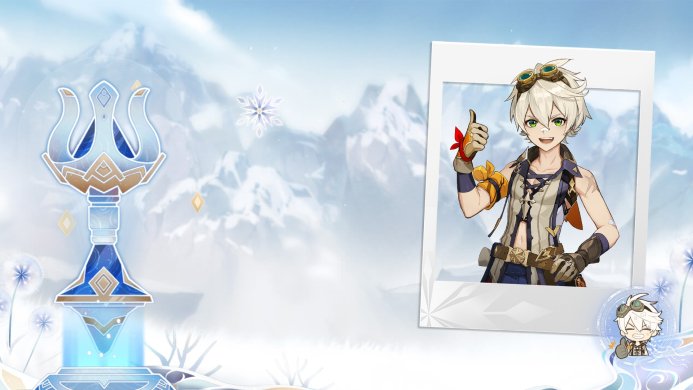 Bennett from Genshin Impact gives a thumbs up in front of a winter landscape