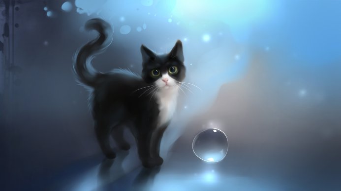 A black and white cat stands near a bubble, against a blue background