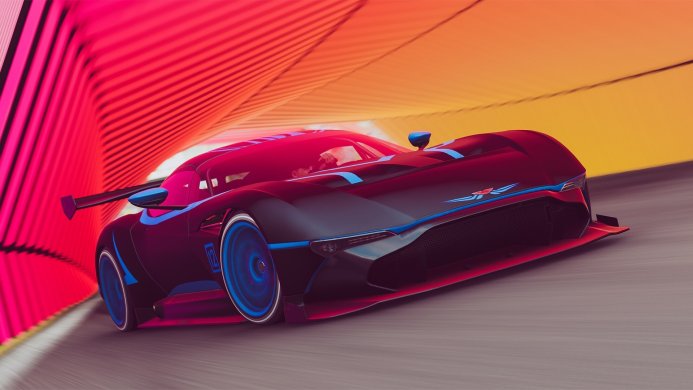 Black and blue sports car in a brightly lit tunnel, Forza Horizon 5