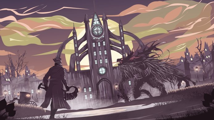 A hunter faces a beast in front of a clock tower in Bloodborne. Dark, gothic setting