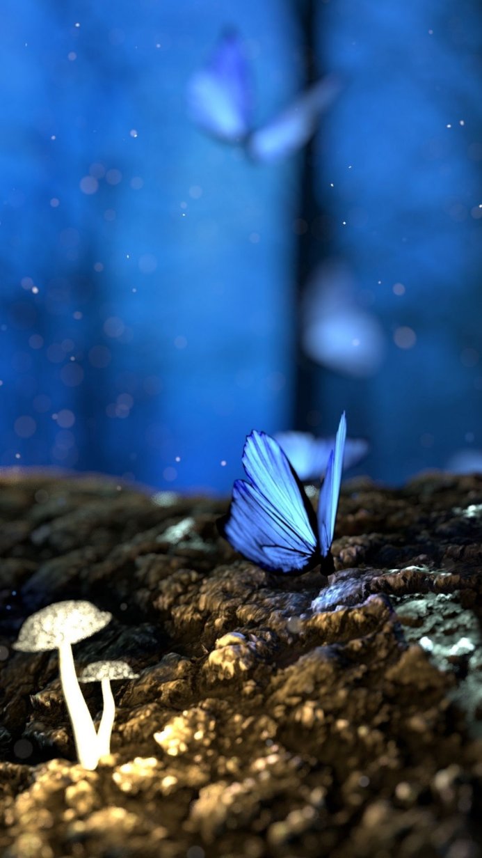 Blue butterflies and glowing mushrooms in a forest setting