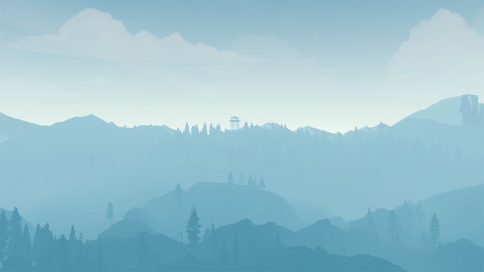 Blue mountains with trees and a watchtower in the distance
