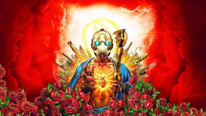 Borderlands Psycho Bandit surrounded by guns and roses on a red background