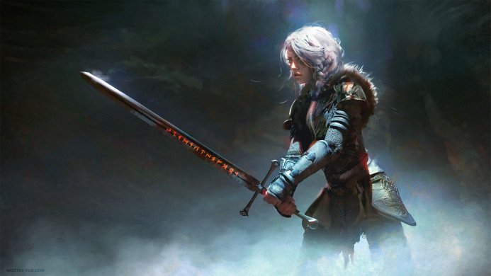 Ciri from The Witcher holding a sword with runes, wearing armor