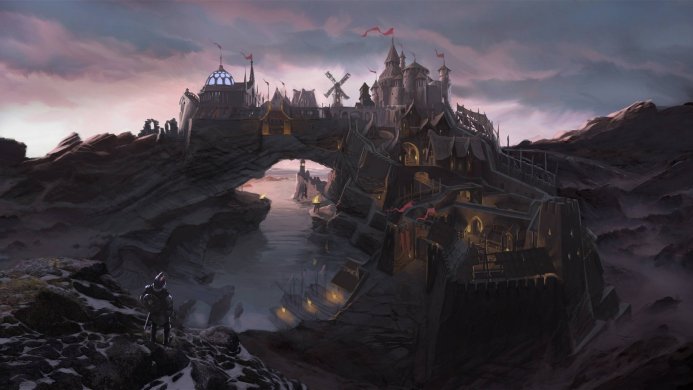 A castle built into a rocky cliff, with a knight standing in the foreground