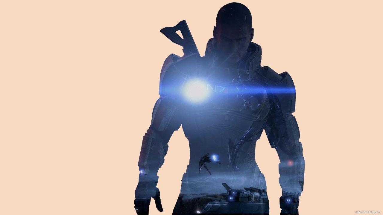 Commander Shepard silhouette with sci-fi landscape