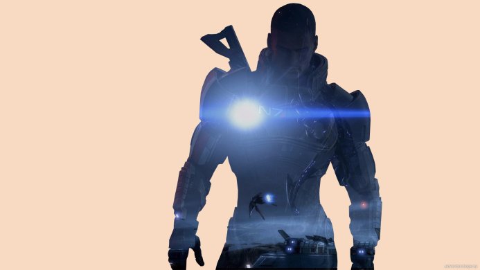 Commander Shepard from Mass Effect in full armor, with a double exposure effect
