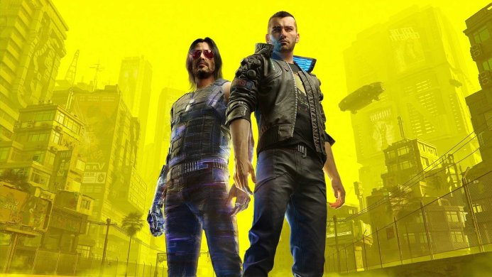 V and Johnny Silverhand from Cyberpunk 2077 stand in a futuristic city with a yellow color palette