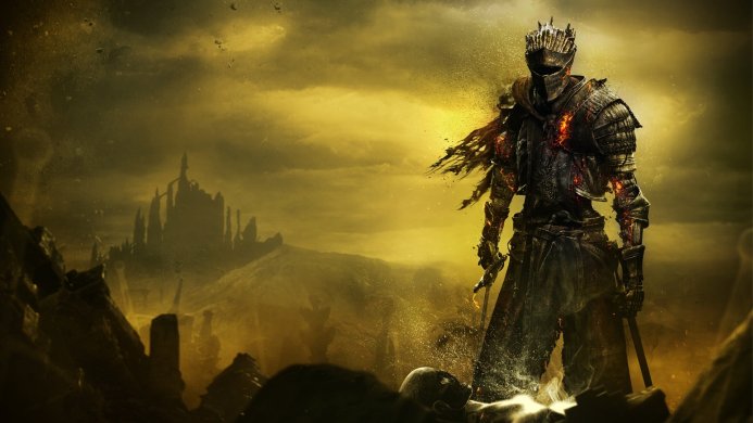 A knight in dark armor stands in a desolate landscape from Dark Souls