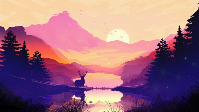 A deer stands by a lake with mountains and a sunset in the background, painted with pink, purple, and yellow colors