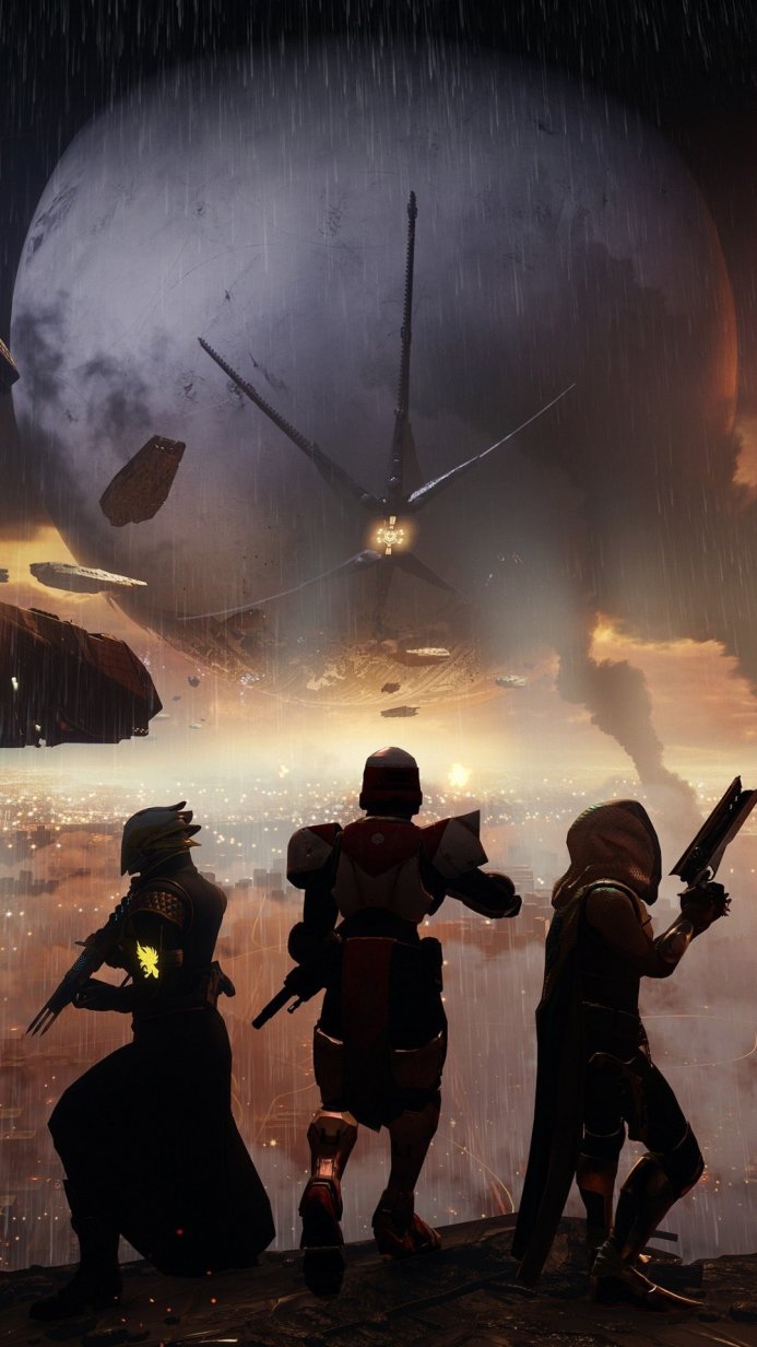 Three Guardians overlooking The Traveler in Destiny 2 during a rainstorm