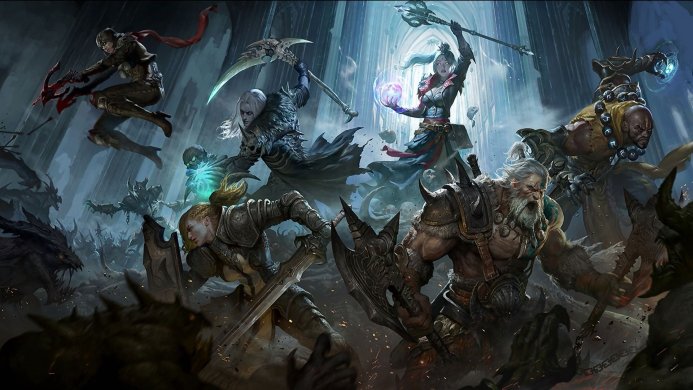 Characters from Diablo in the middle of a battle against demons