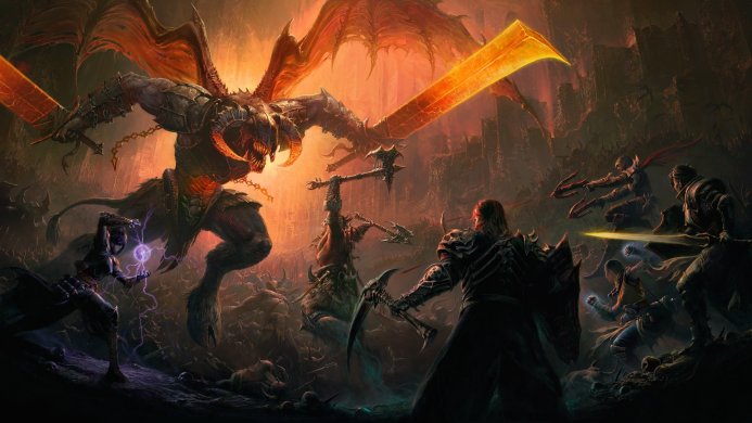 A battle between warriors and a winged demon in Diablo, surrounded by a ruined city