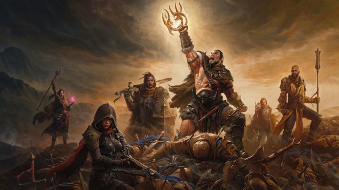 Diablo IV characters standing on a battlefield after the battle