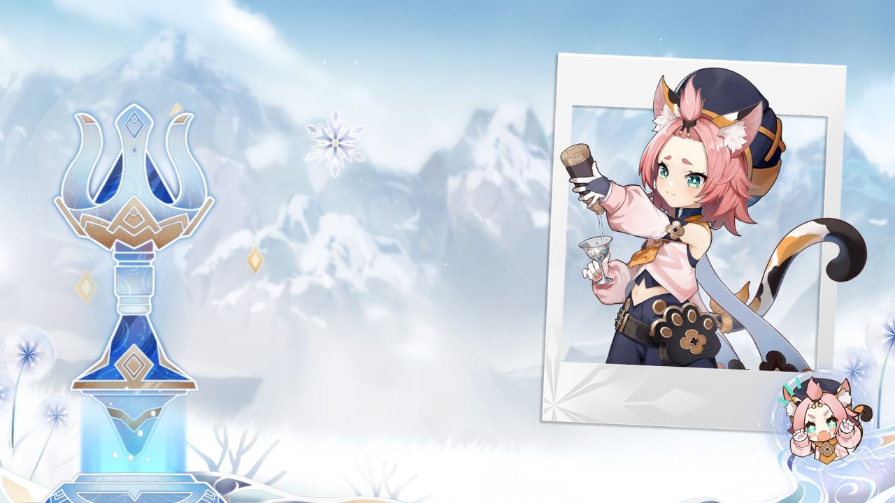 Diona from Genshin Impact pouring drink winter scene