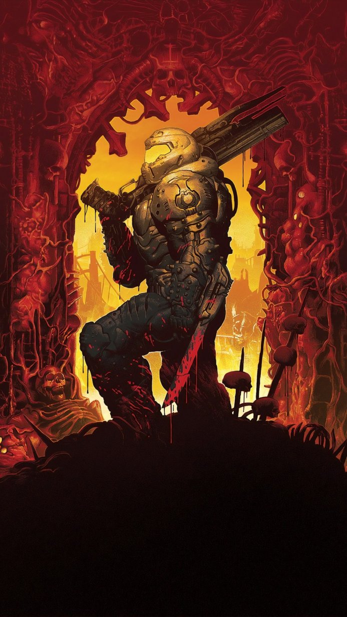 Doom Slayer in armor standing in a hellish landscape with a weapon