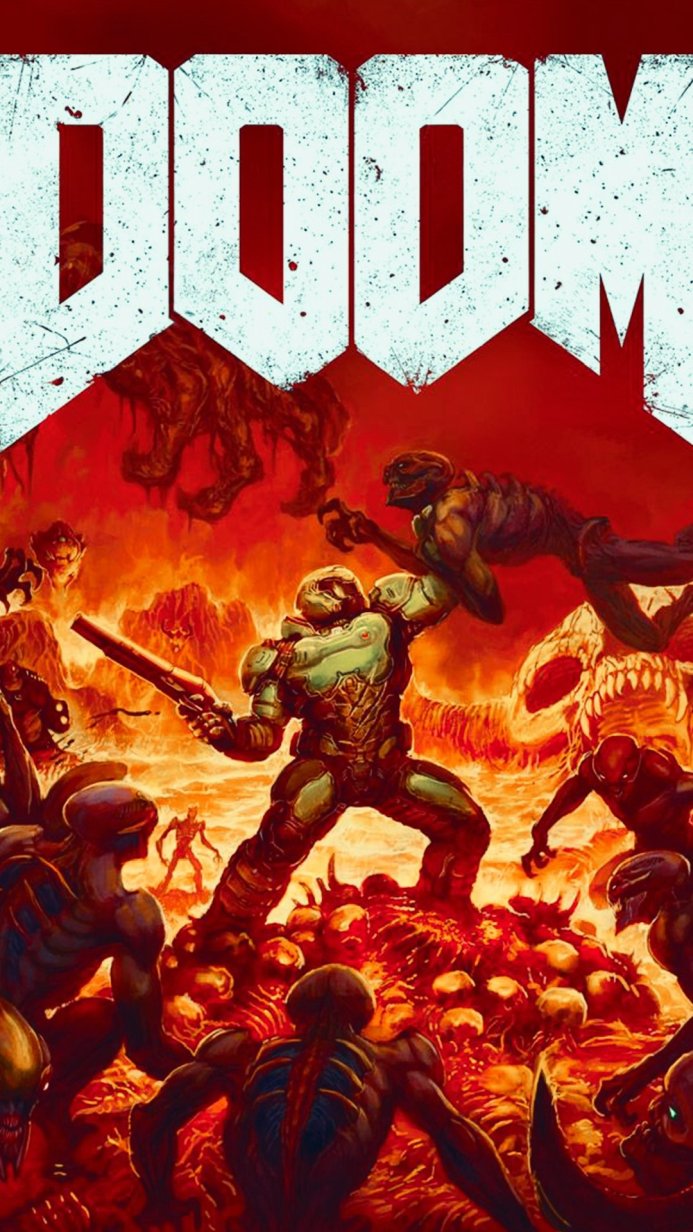 Doom Slayer in action amidst demons and lava, set against a fiery red background
