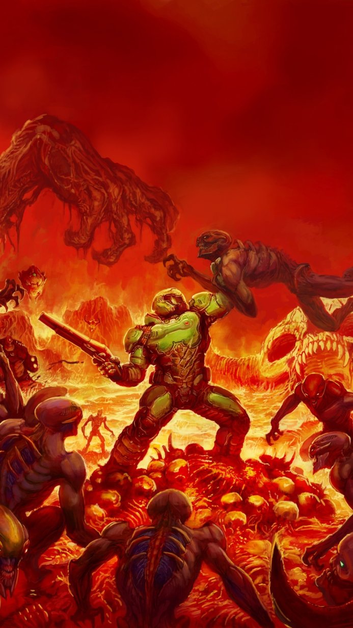Doom Slayer facing demons in a fiery hellscape from the game Doom