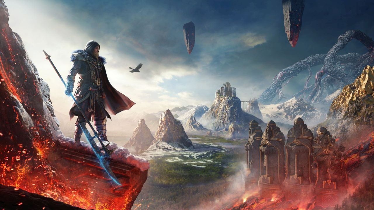 Eivor Havi stands on a fiery cliff in mythical realm