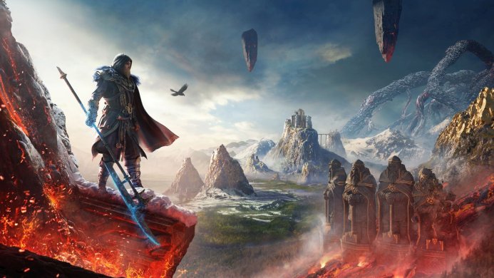 Eivor from Assassin's Creed Valhalla standing on a cliff with a spear in a fantasy landscape