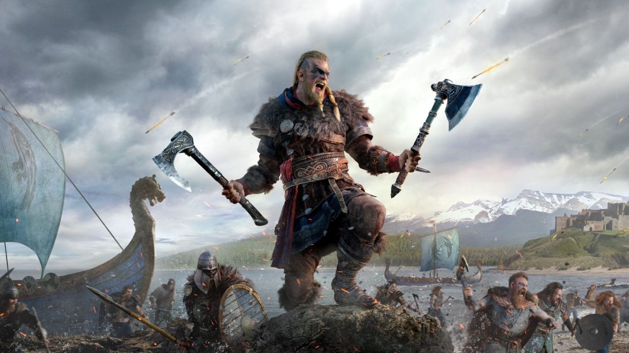 Eivor Viking warrior with axes leading invasion