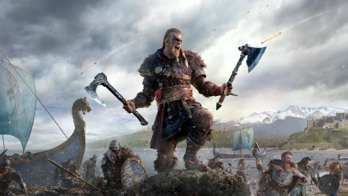 Eivor from Assassin's Creed Valhalla raising axes during a raid with longships in the background