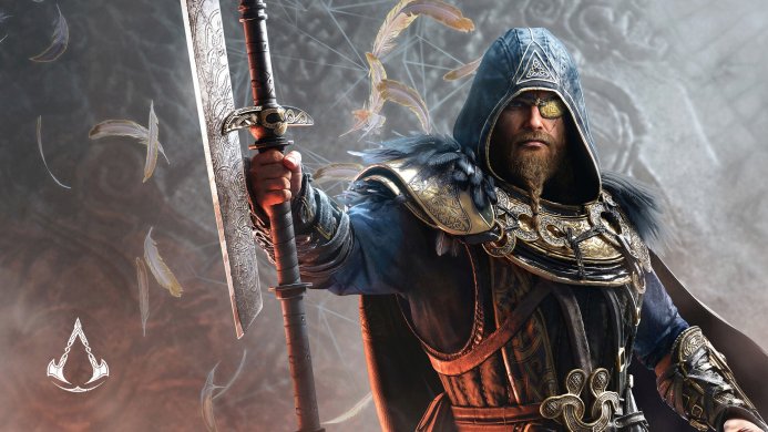 Eivor from Assassin's Creed Valhalla holding a sword, wearing a hood and eyepatch
