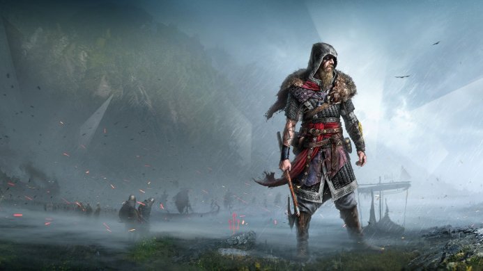 Eivor, a character from Assassin's Creed Valhalla, holding an axe in a foggy landscape
