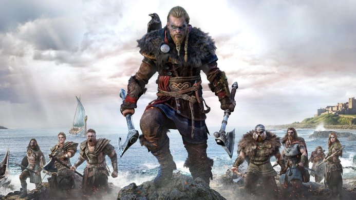 Eivor, a Viking warrior from Assassin's Creed Valhalla, stands with axes on a rocky shore