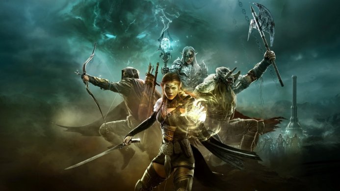 Four characters from The Elder Scrolls Online: archer, sorcerer, warrior, and a glowing woman with a sword