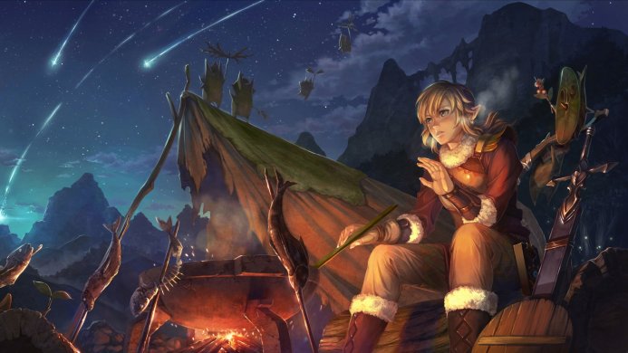 Elf sitting by a campfire at night, with shooting stars in the sky