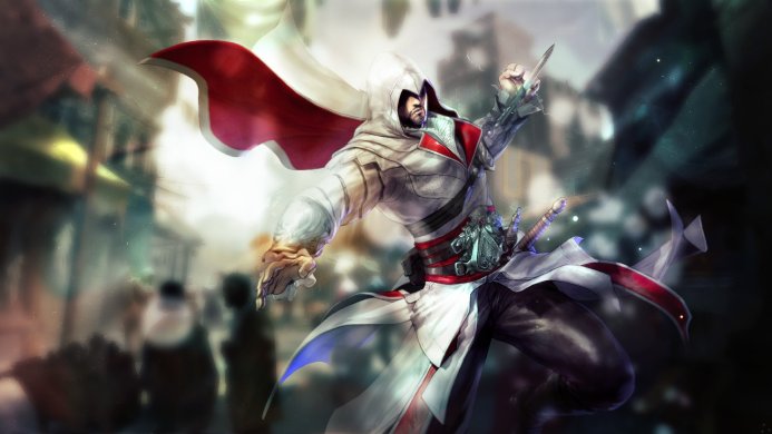 Ezio Auditore da Firenze, an assassin from Assassin's Creed, with blades in his hands