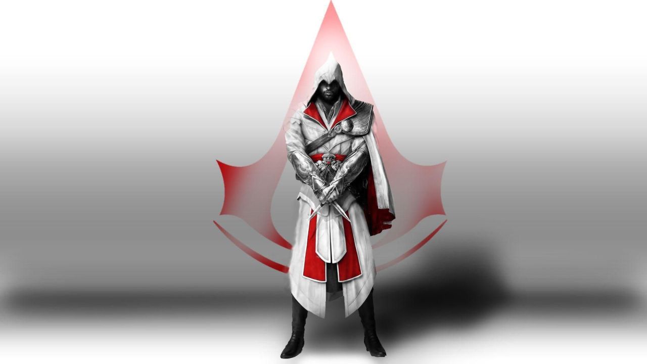 Altair from Assassins Creed in white hooded outfit with blades