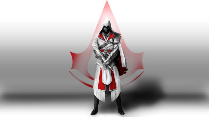 Ezio Auditore from Assassin's Creed with dual hidden blades in a white and red costume