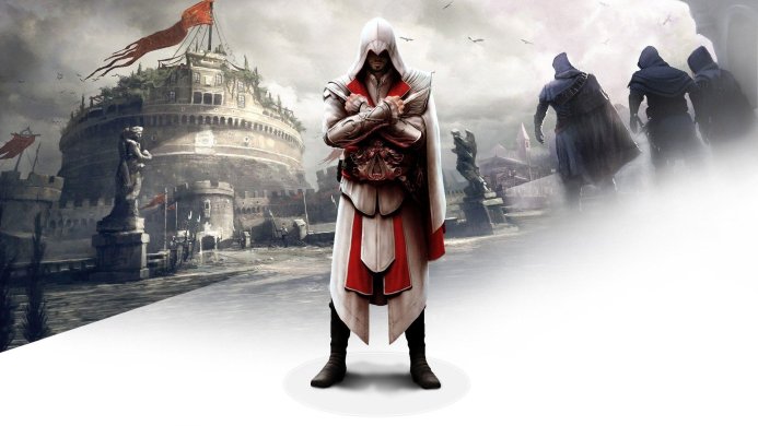 Ezio Auditore, Assassin's Creed II character, in his iconic white and red assassin robes, standing in front of a historical city