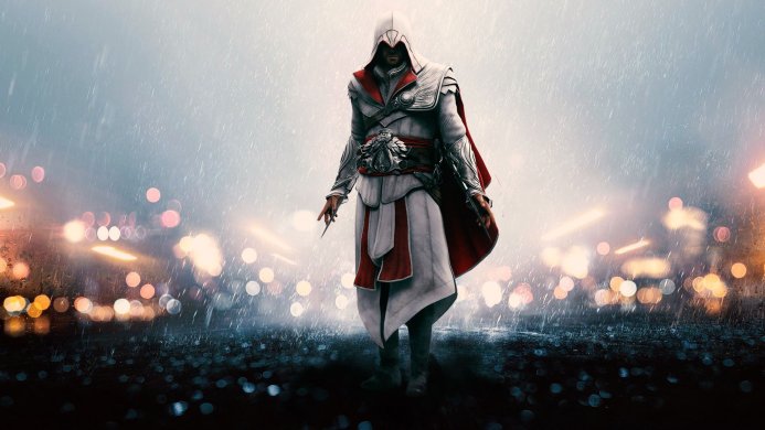 Ezio Auditore from Assassin's Creed in his assassin robes, standing in the rain