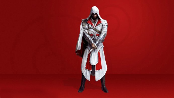 Ezio Auditore from Assassin's Creed in a white and red assassin robe with hidden blades