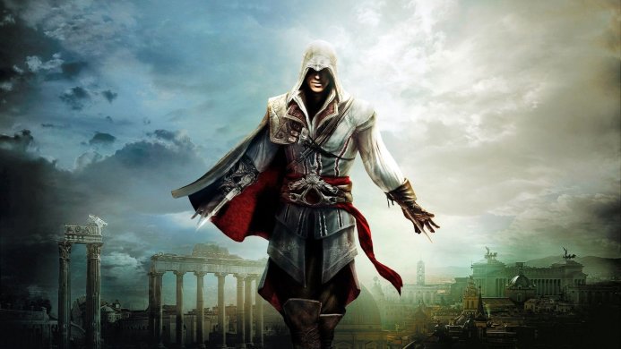 Ezio Auditore from Assassin's Creed stands in Rome with his assassin robes and hidden blades