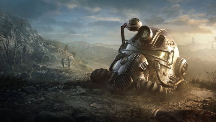 Fallout 76 power armor helmet in a post-apocalyptic landscape with two figures walking in the background