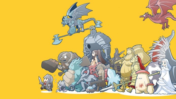 Lineup of fantasy characters including a knight, dragon, golem, and more, on a yellow background