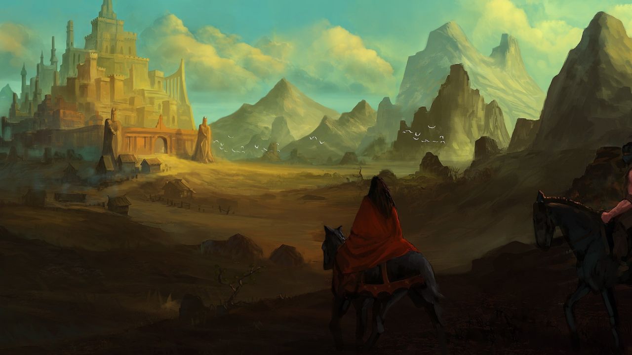 Two riders approach a distant fantasy castle