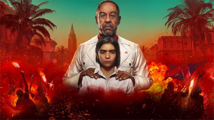 Anton and Diego Castillo from Far Cry 6 with burning city in the background