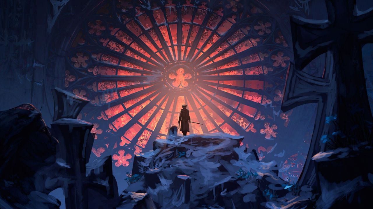 Figure with sword before glowing rose window ruins