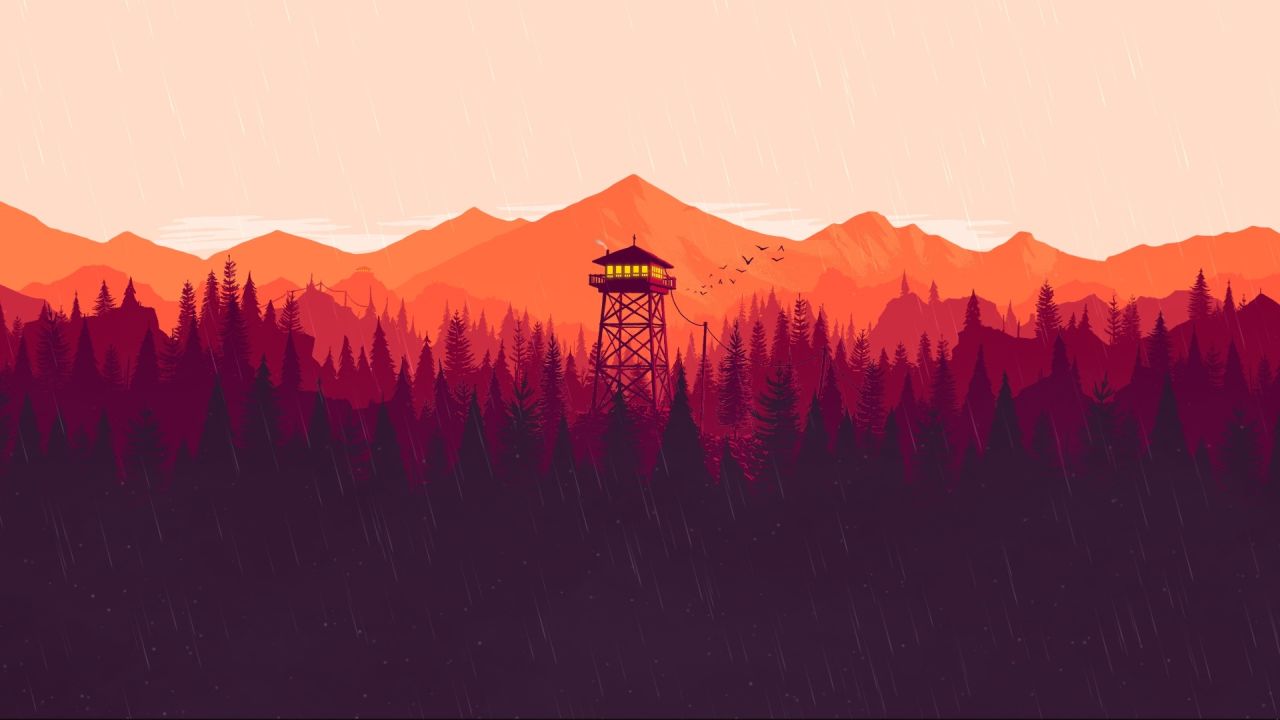 Fire lookout tower in a forest on a rainy day