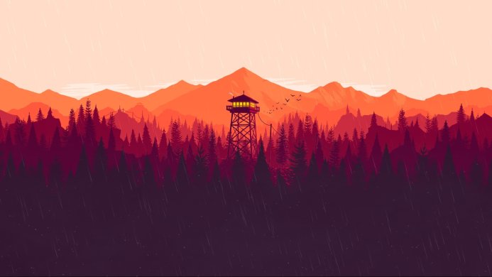 A fire lookout tower sits in a forest during a rainstorm with mountains in the background