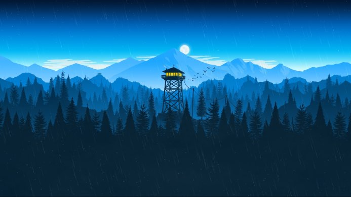 A fire lookout tower in a forest during a rainy night with mountains in the background