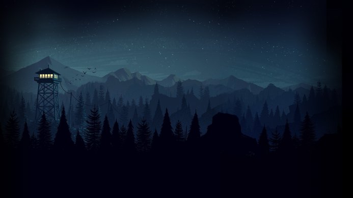Illustration of a watchtower in a forest at night with mountains in the background