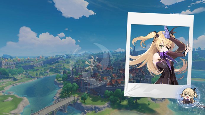 Fischl, a character from Genshin Impact on the background of the city Mondstadt in a photo frame