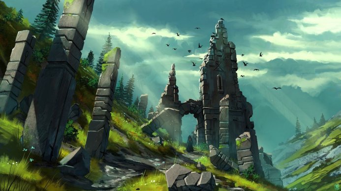 Ancient stone ruins in a forest landscape, with green hills and trees under a cloudy sky
